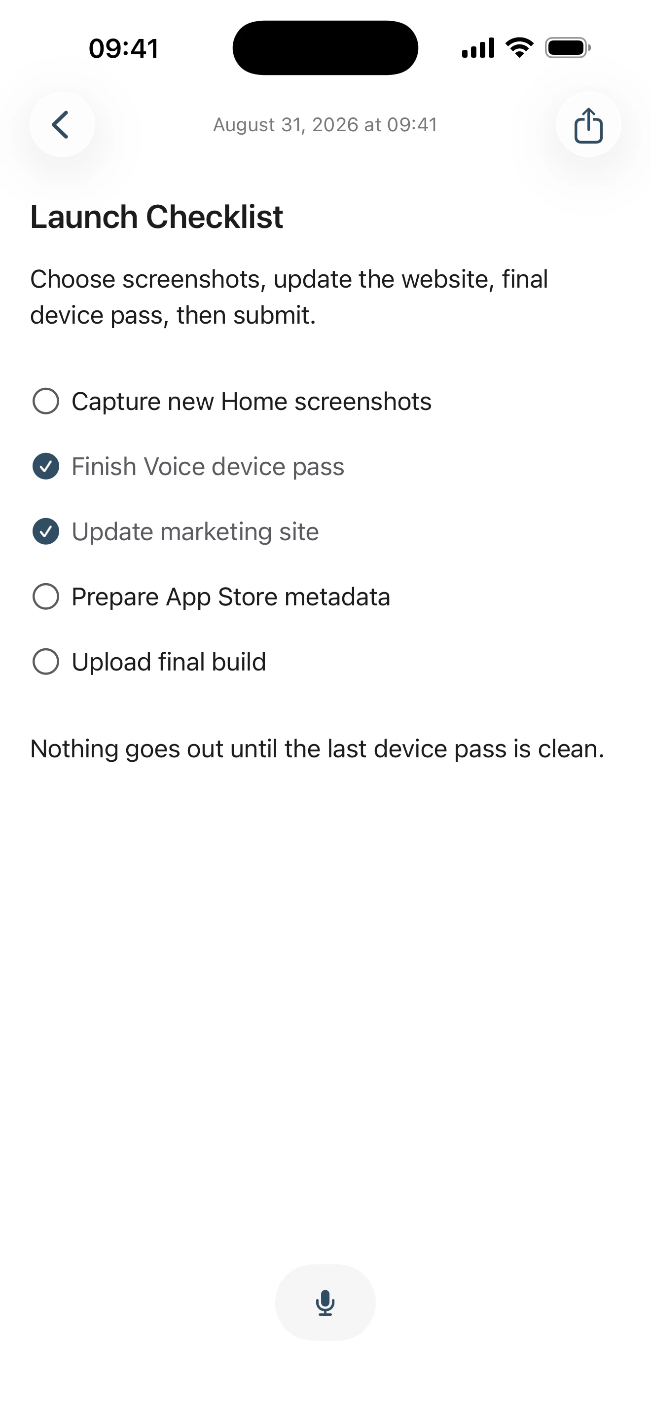 A typed note in As Told called Launch Checklist: a sentence, then five items drawn as circles with two of them ticked, and a closing sentence.