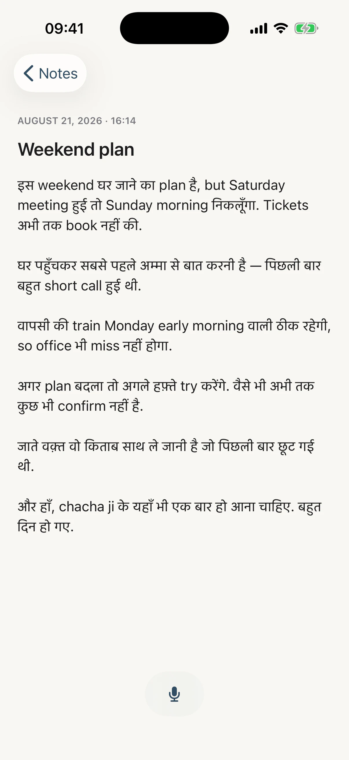 A note in As Told titled Weekend plan, holding a spoken thought that moves between Hindi and English, with the Hindi kept in Devanagari.