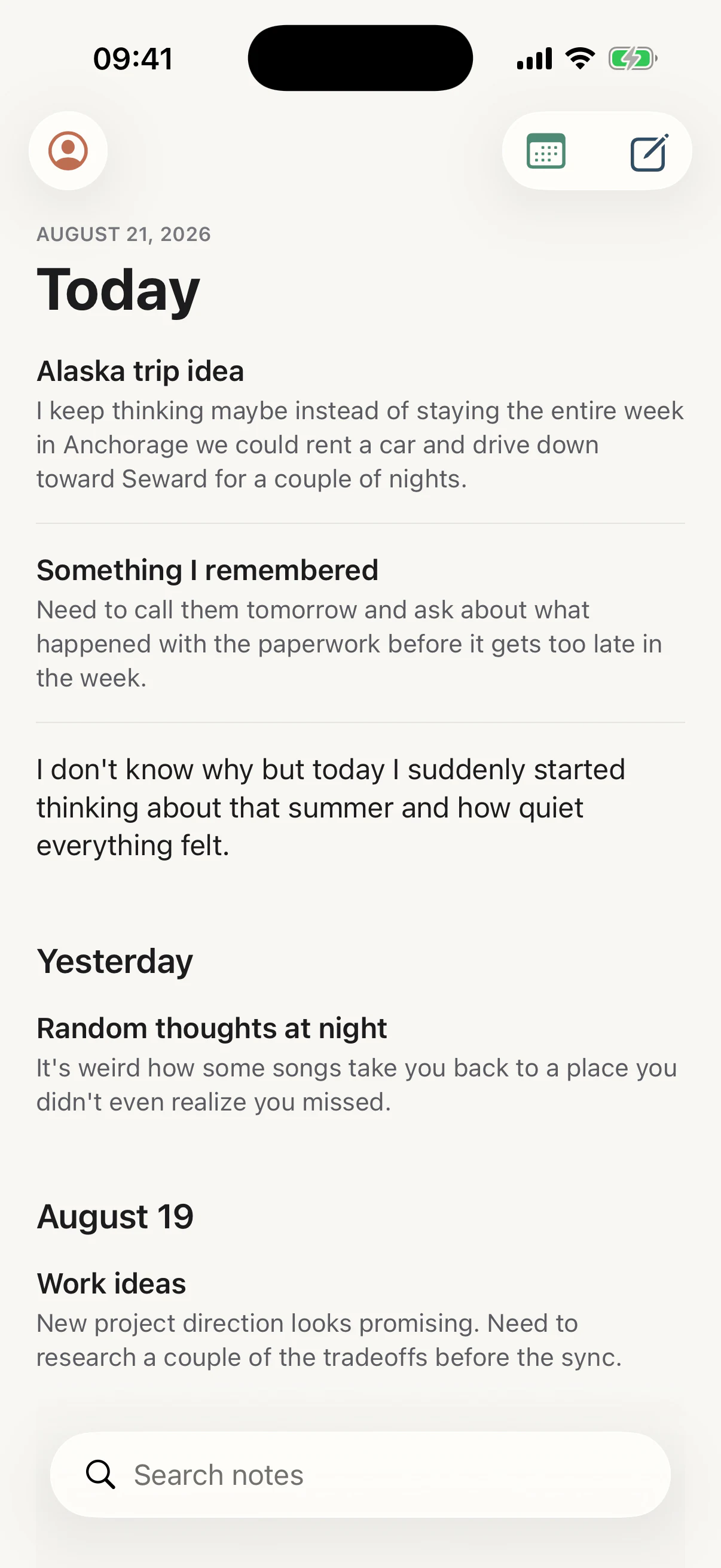 The As Told home screen: notes grouped under Today, Yesterday, and August 19, with a search field pinned at the bottom.